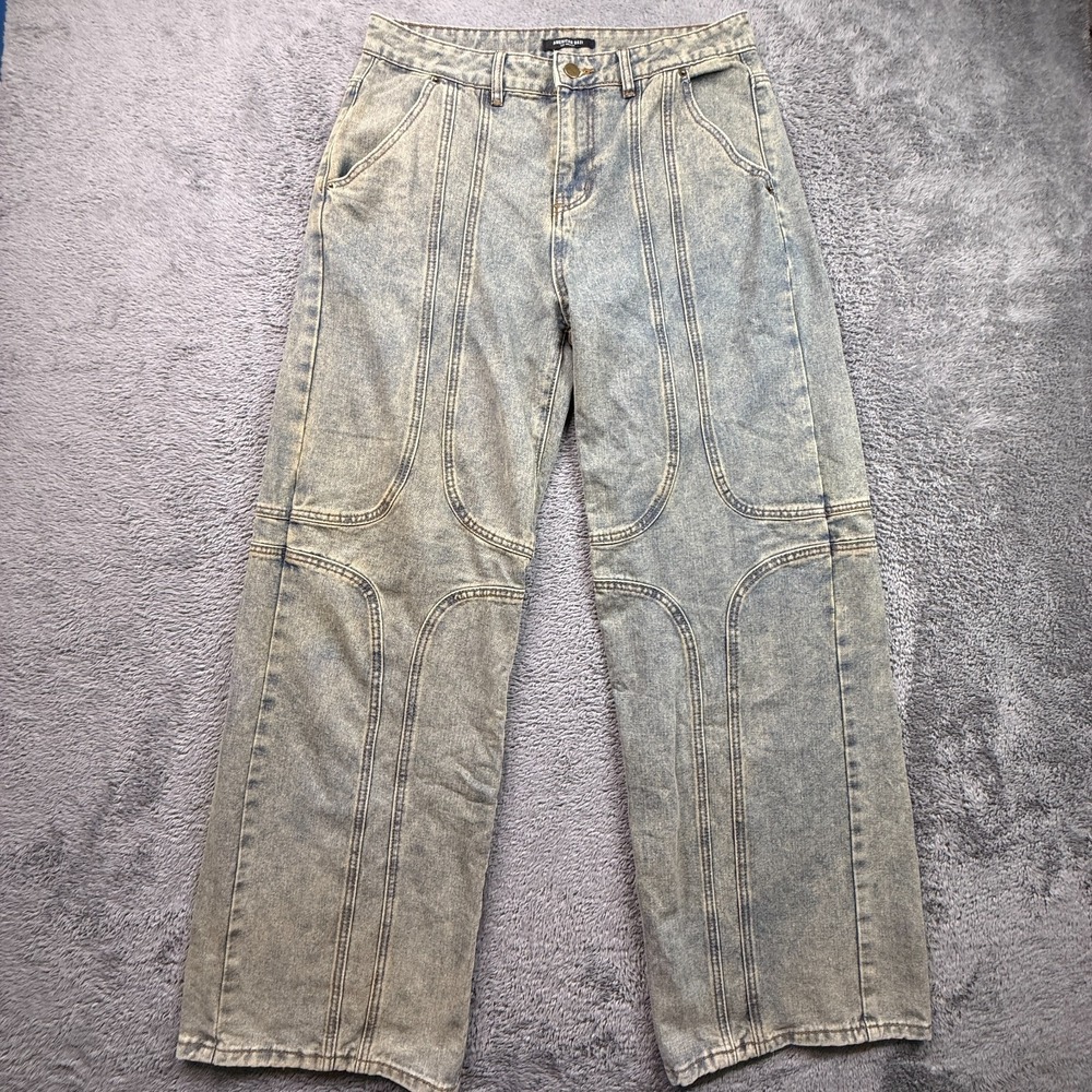 American Bazi Women L Wide Leg Tinted Jeans 32x33 Stretch Denim Patterned Stitch